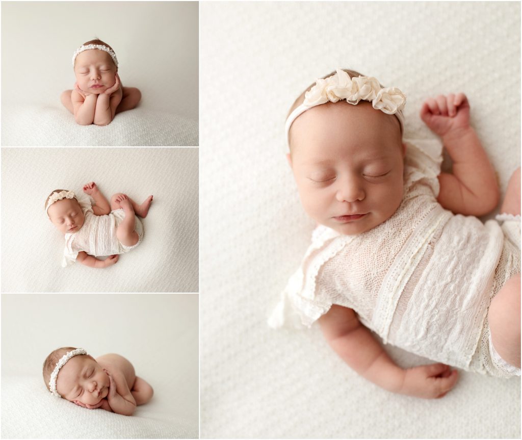 Newborn poses on cream backdrop